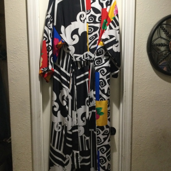 Vintage David brown Saks Fifth Avenue Hawaiian Tropical Long Kimono size L - Picture 9 of 9